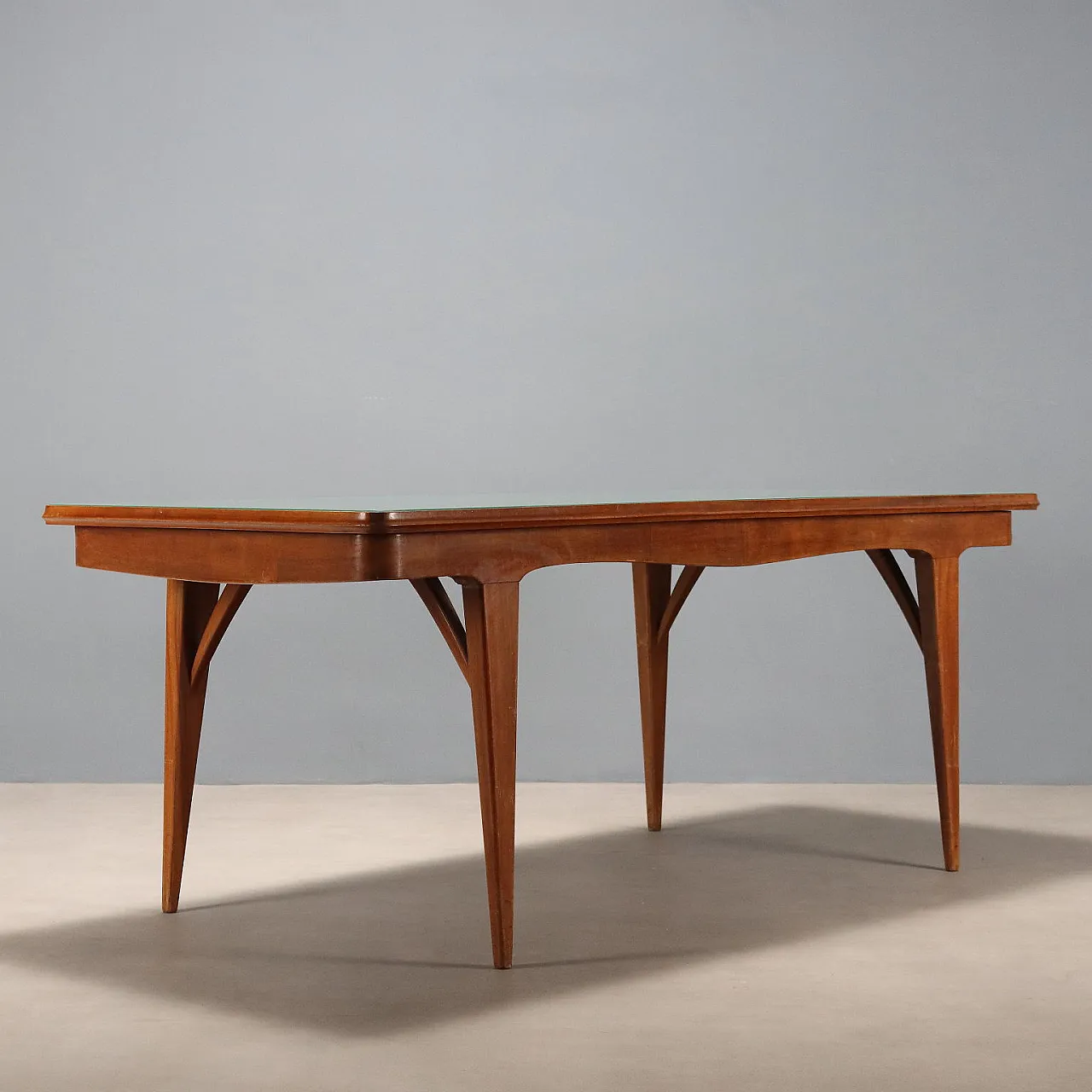 Tavolo in faggio tinto, piano in legno e piano in vetro, '900 9