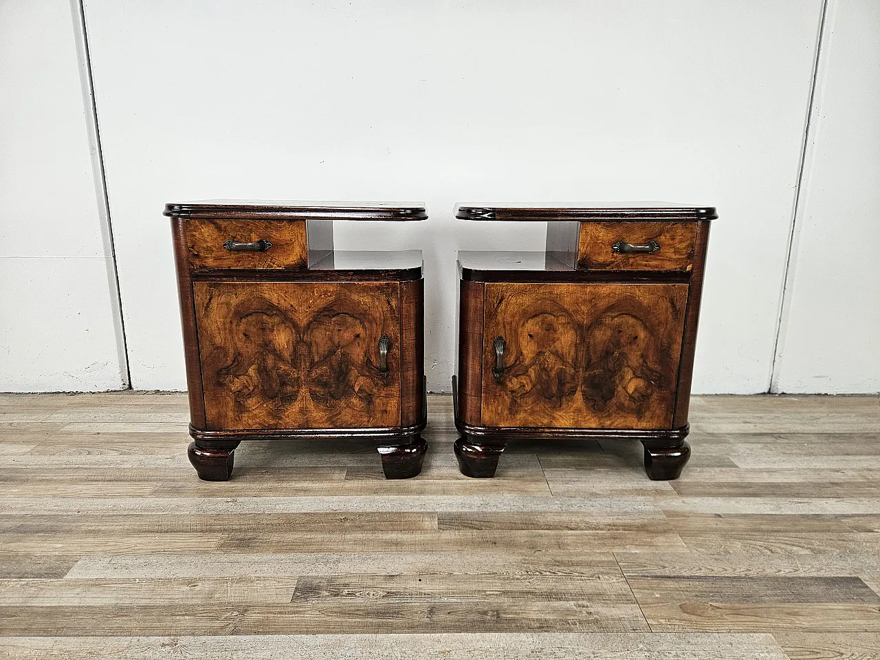 Art Deco bedside tables in briar and iron, 1950s 1