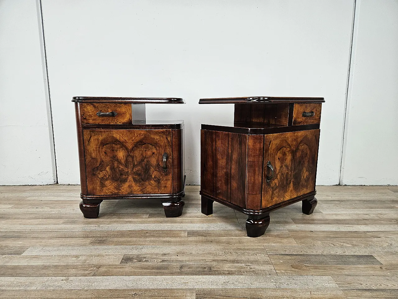 Art Deco bedside tables in briar and iron, 1950s 2