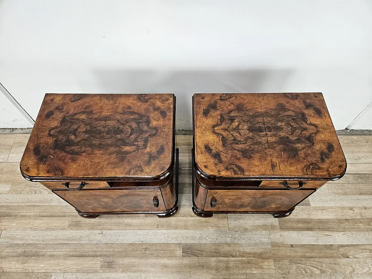 Art Deco bedside tables in briar and iron, 1950s 5
