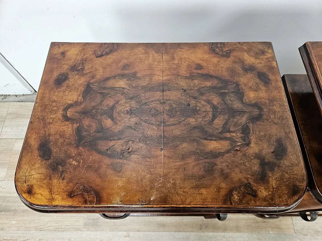 Art Deco bedside tables in briar and iron, 1950s 6