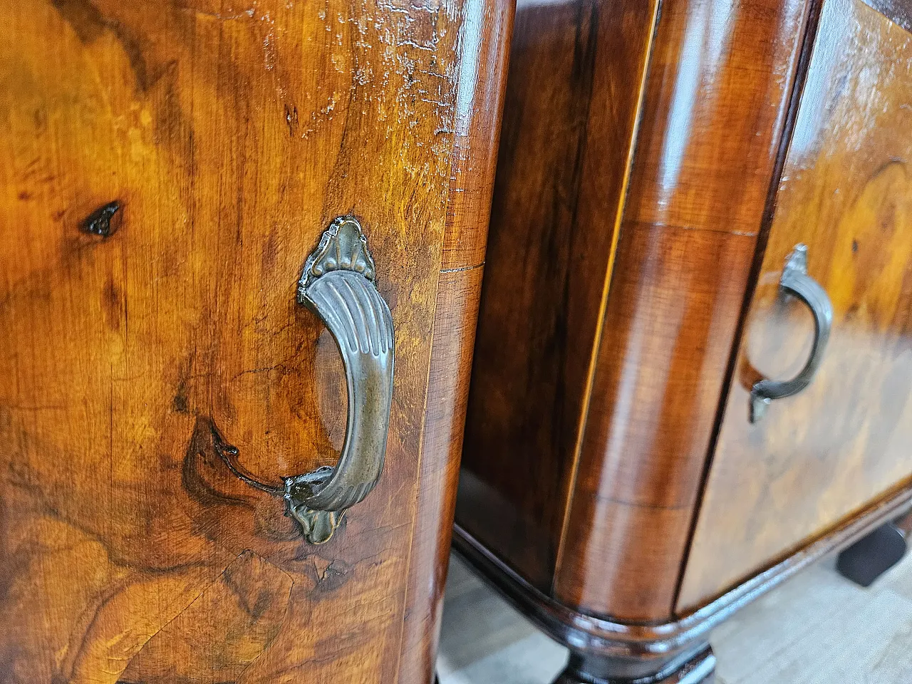 Art Deco bedside tables in briar and iron, 1950s 14