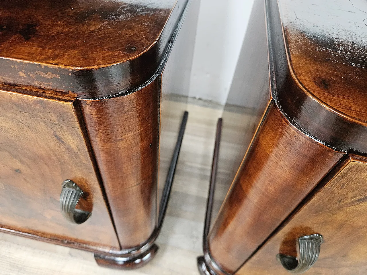 Art Deco bedside tables in briar and iron, 1950s 15