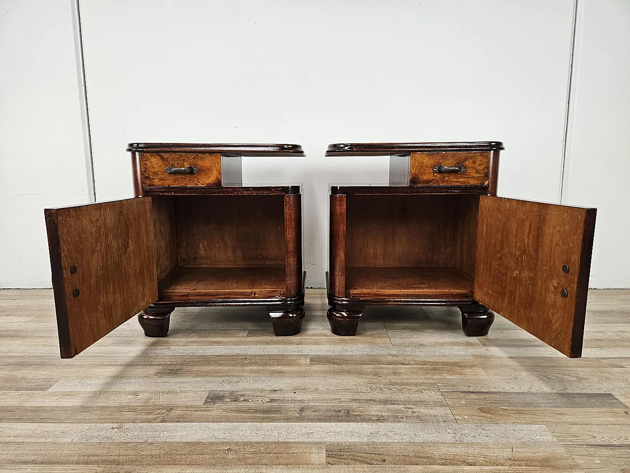 Art Deco bedside tables in briar and iron, 1950s 16