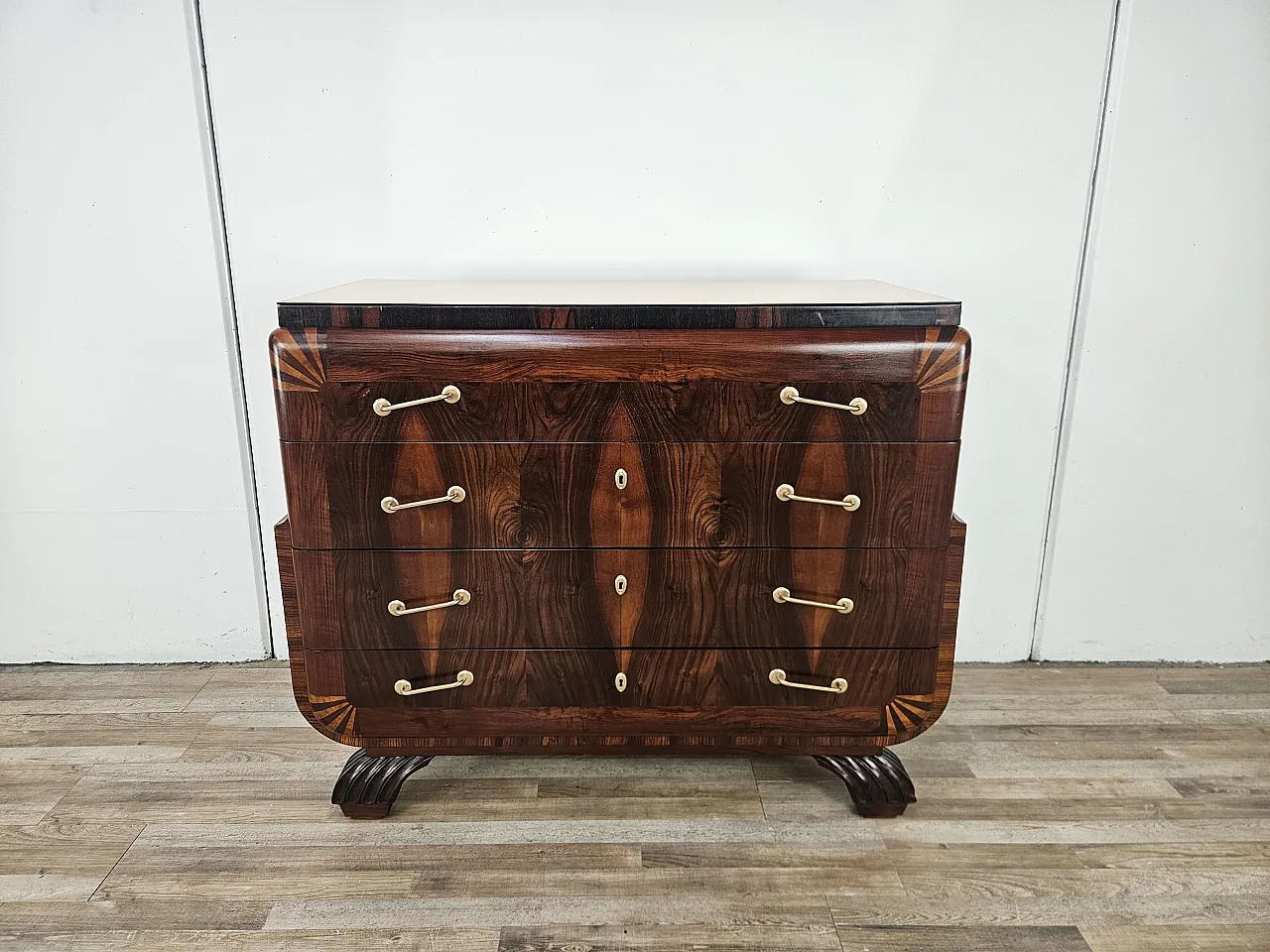 Art Deco dresser in mahogany and pink maple with mirror top, 50s 1