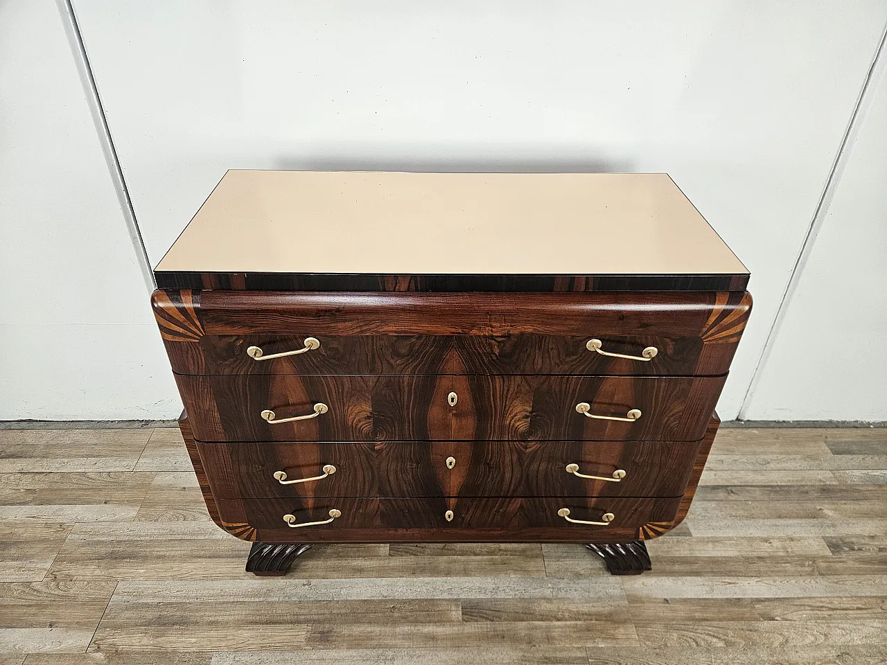 Art Deco dresser in mahogany and pink maple with mirror top, 50s 2