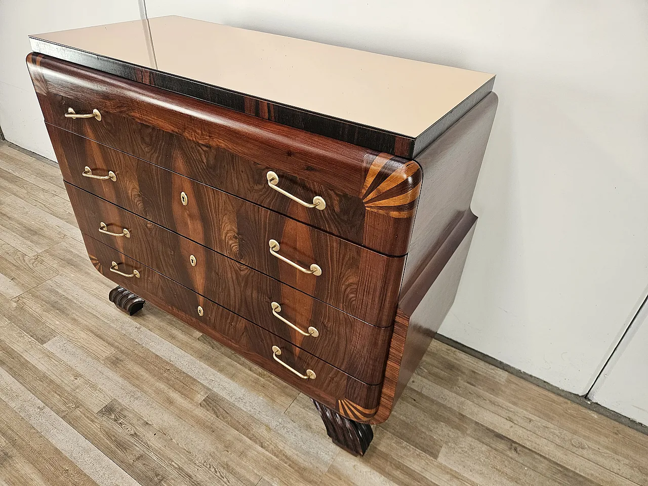 Art Deco dresser in mahogany and pink maple with mirror top, 50s 3