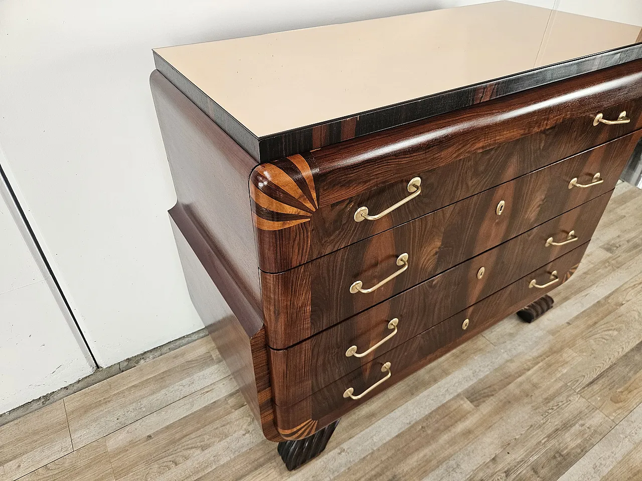 Art Deco dresser in mahogany and pink maple with mirror top, 50s 4