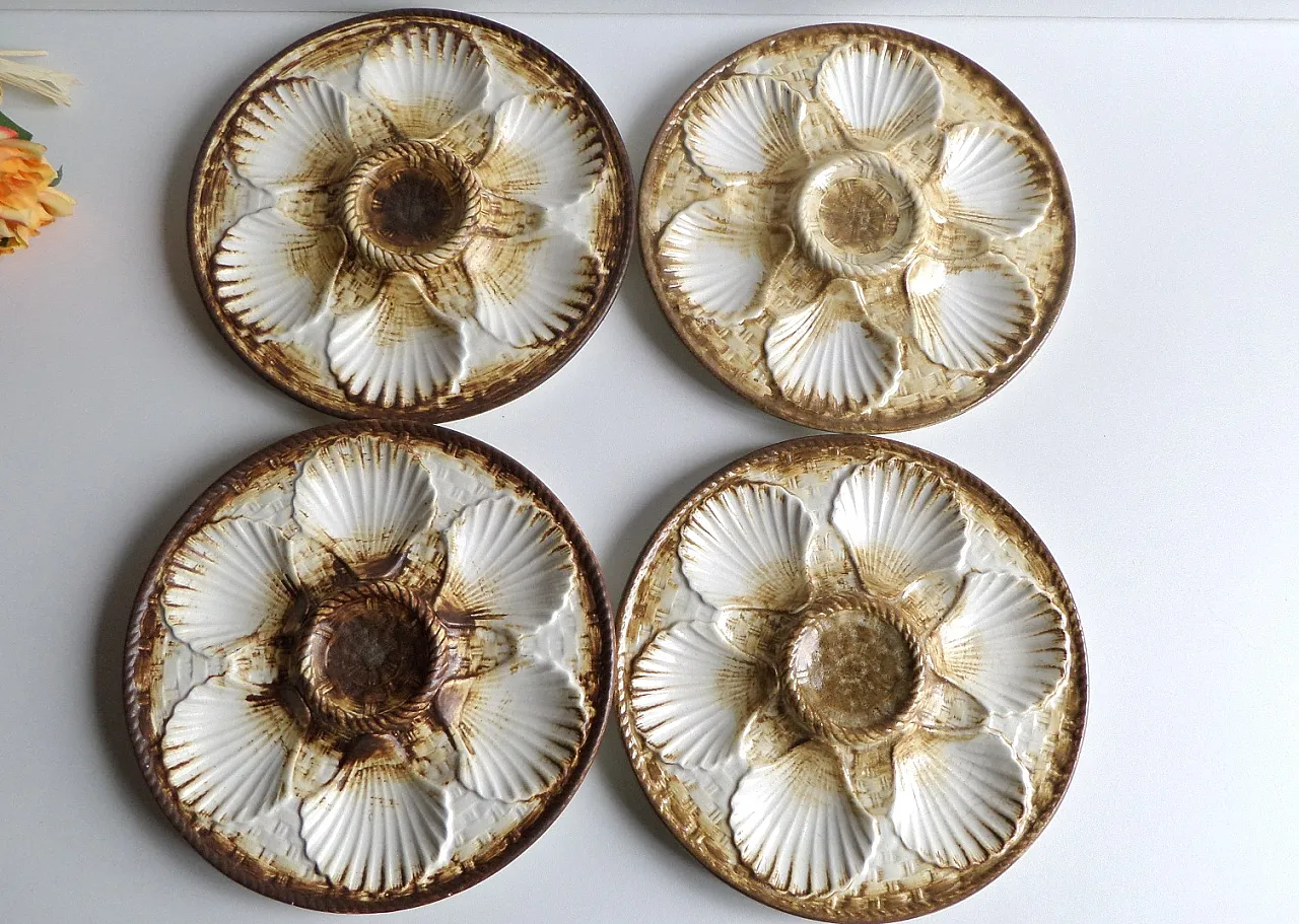 Majolica Shell Fish Oyster set of 4 Plates by Longchamp, 50s 1
