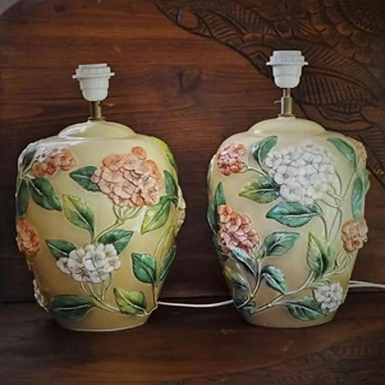 Pair of Large lamps by Chaumette Paris, hydrangea Barbotine, 70s 3