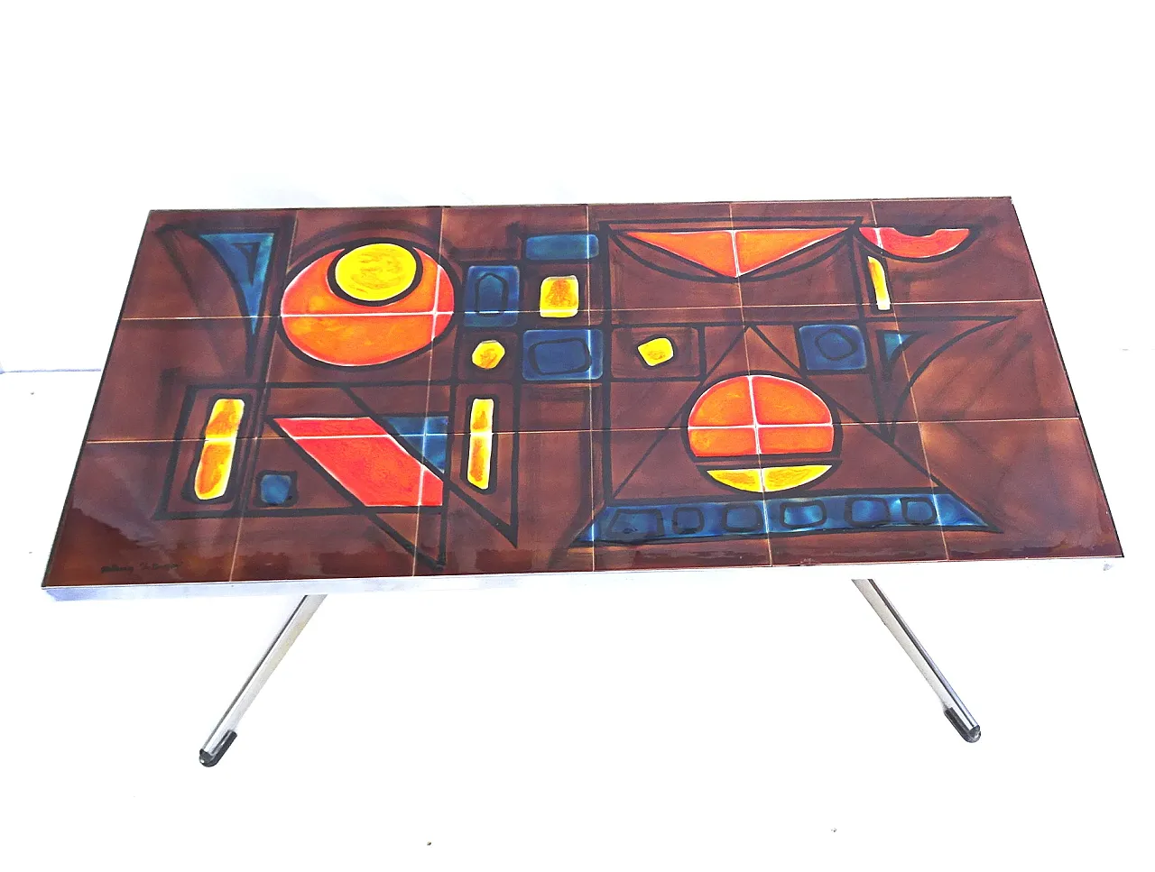 Vallauris coffee table ceramic tiles chrome base signed La Grange, 70s 1