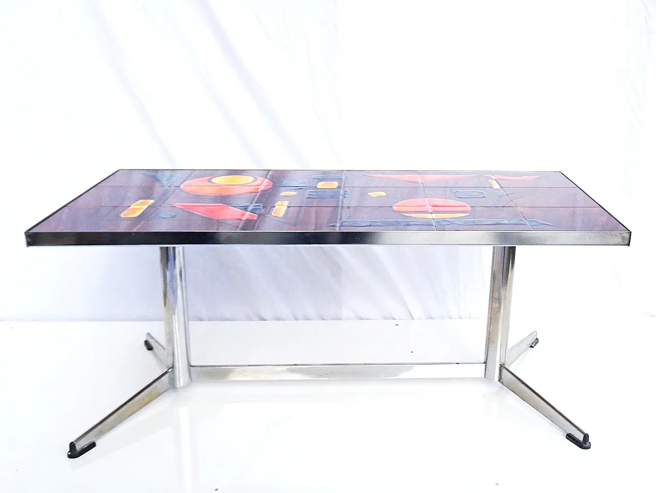 Vallauris coffee table ceramic tiles chrome base signed La Grange, 70s 2