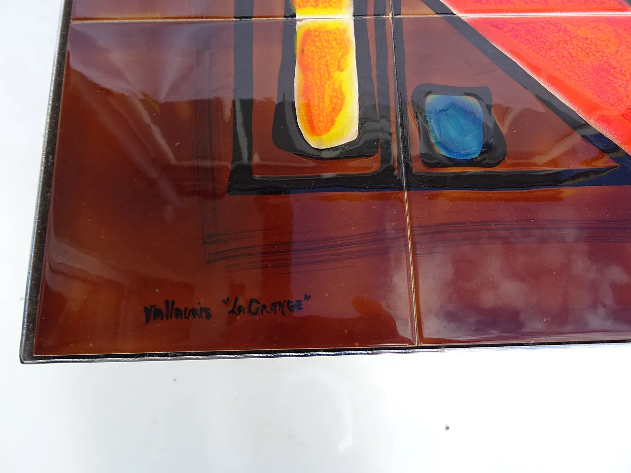 Vallauris coffee table ceramic tiles chrome base signed La Grange, 70s 4