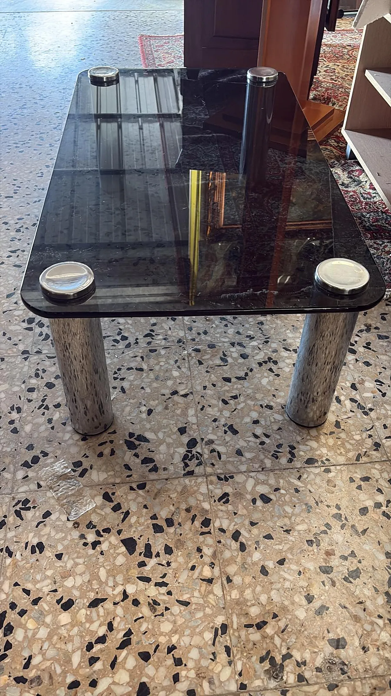 Tavolino da salotto in vetro e acciaio cromato, anni '70 1