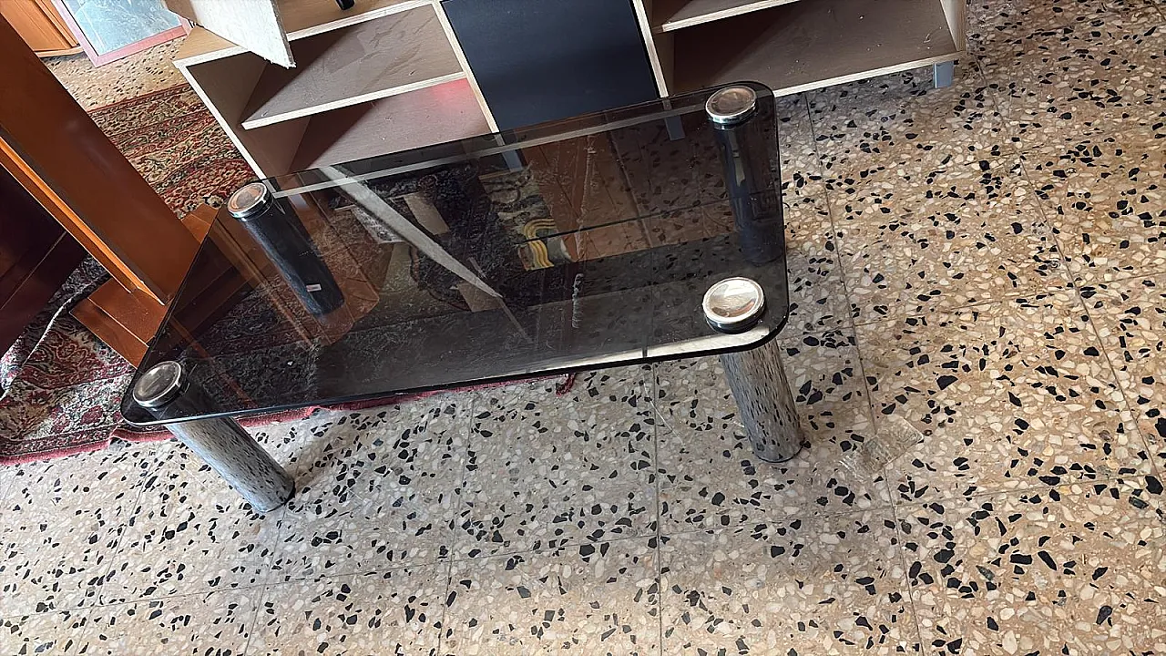 Tavolino da salotto in vetro e acciaio cromato, anni '70 4