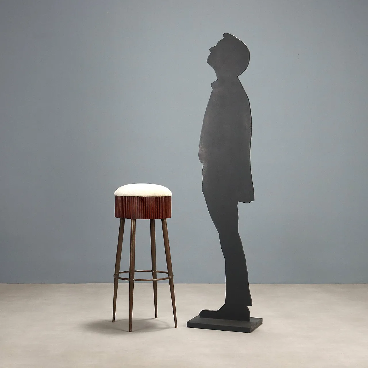 Sgabello in ottone, legno grissinato, schiuma e tessuto, '900 3
