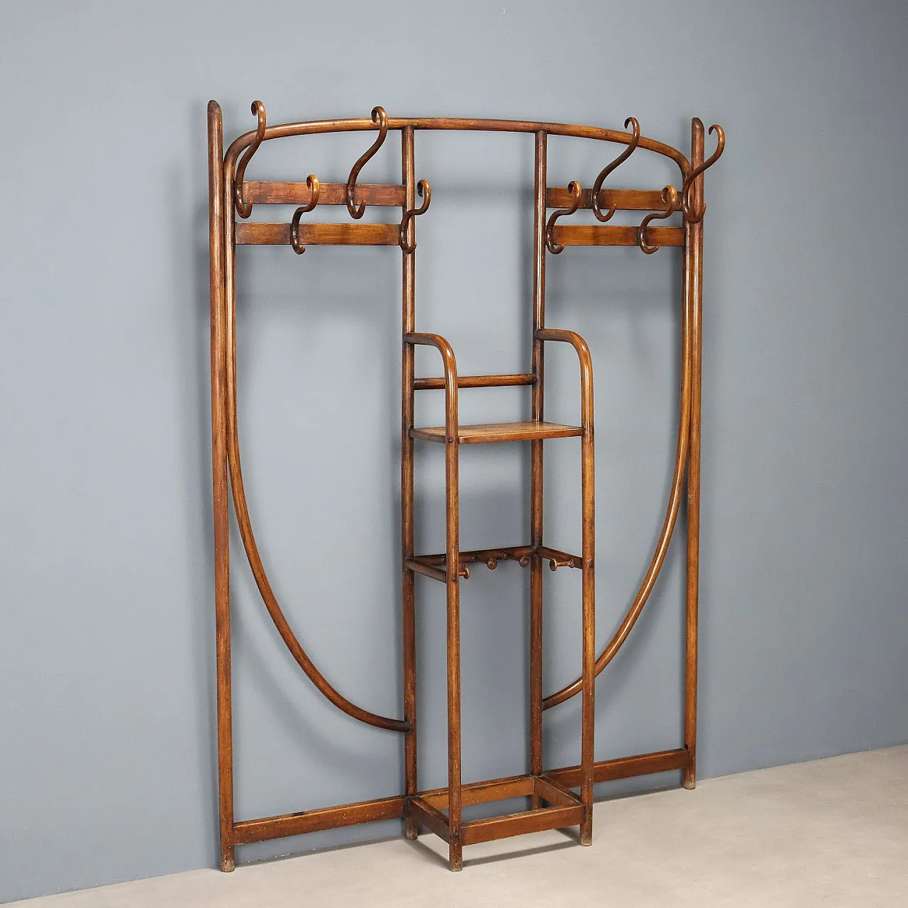Thonet wall coat rack in walnut-stained bent beech, 20th century 1