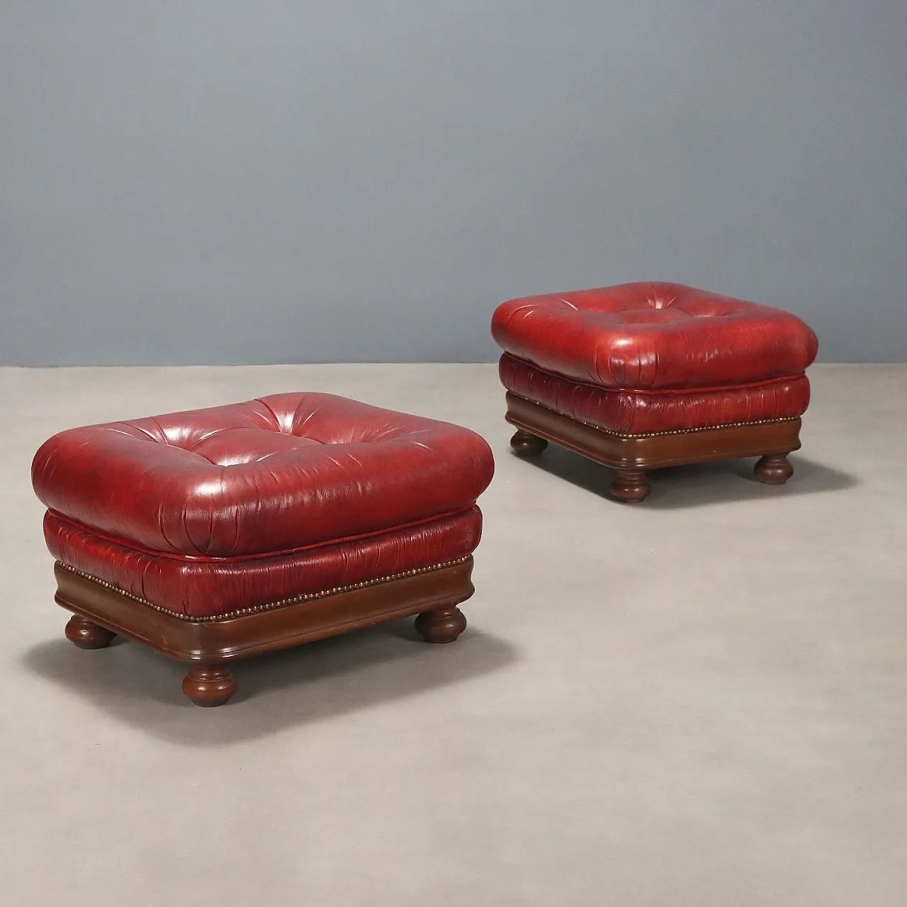 Pair of poufs in walnut stained beech and leather, early 20th century 1