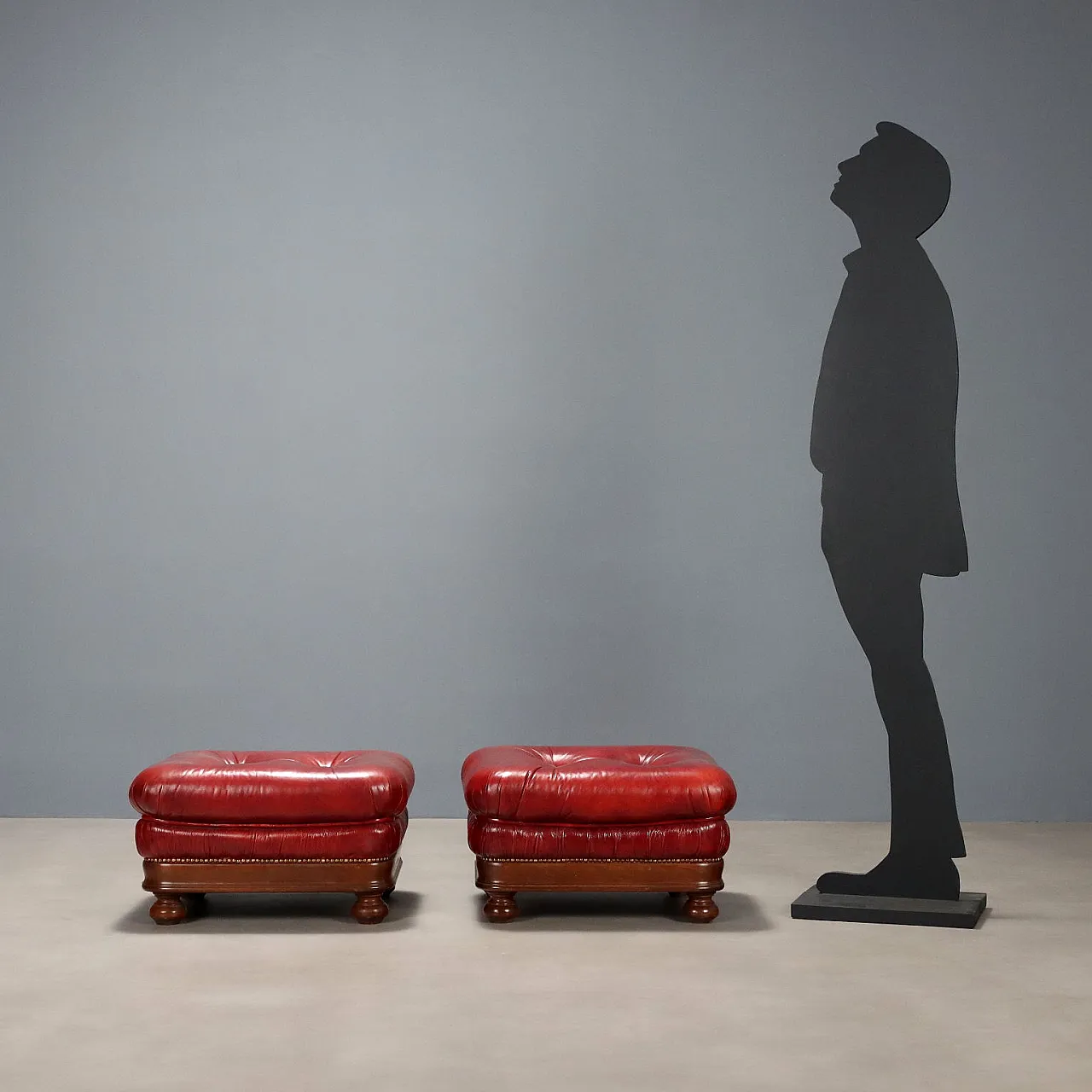 Pair of poufs in walnut stained beech and leather, early 20th century 2