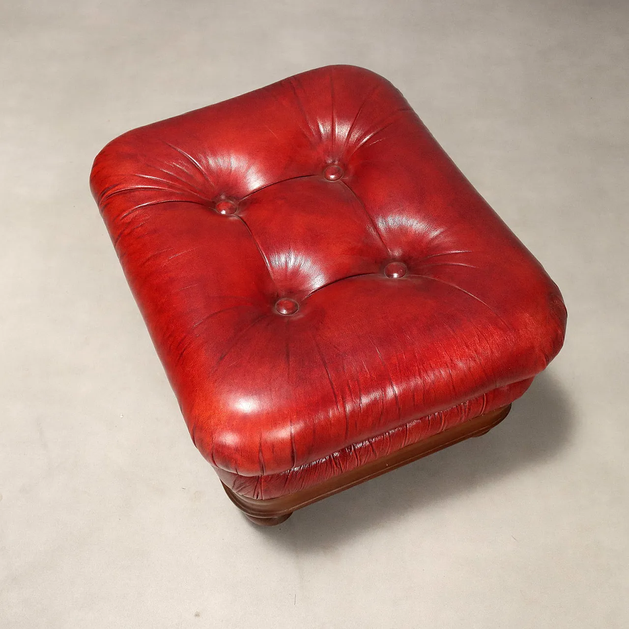Pair of poufs in walnut stained beech and leather, early 20th century 4