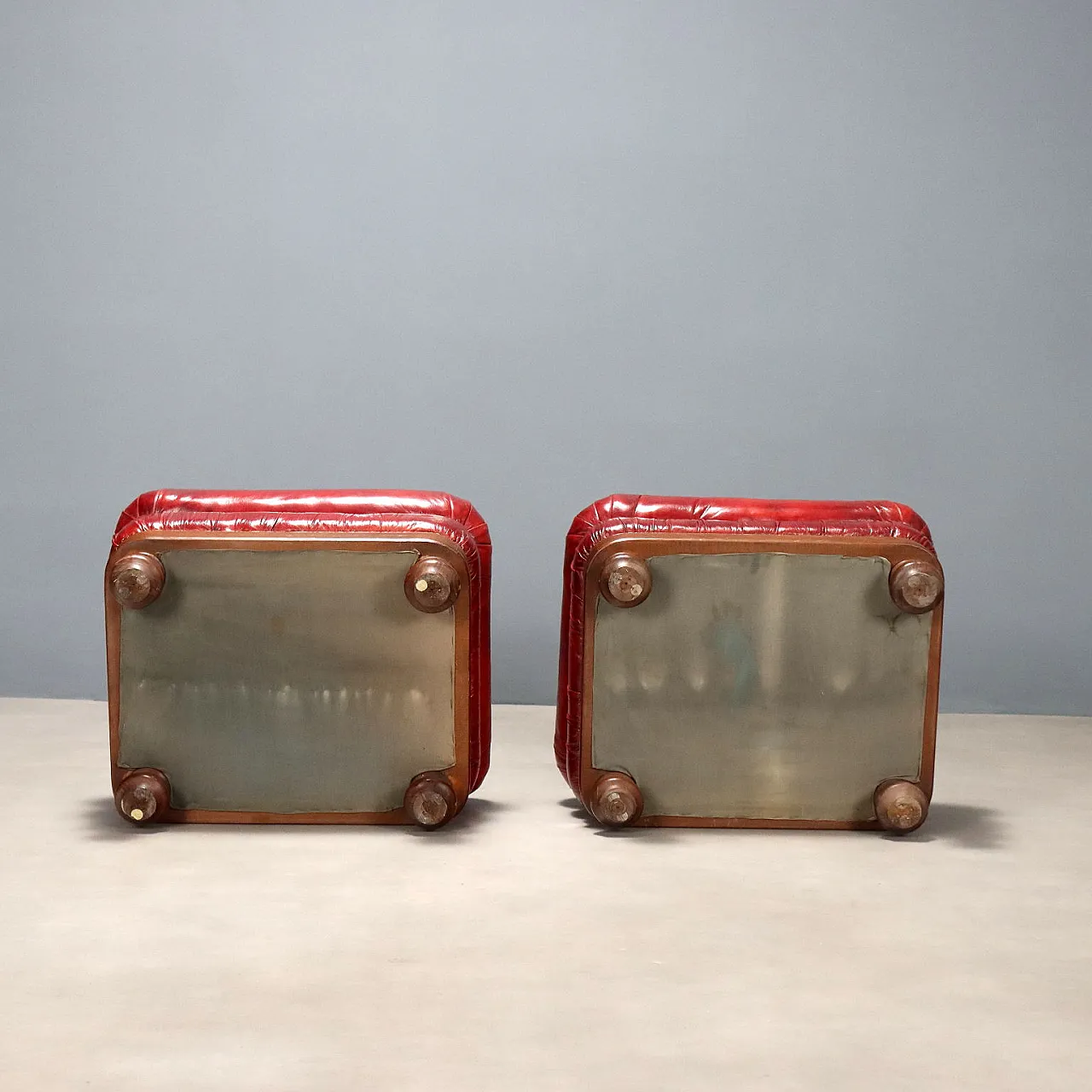 Pair of poufs in walnut stained beech and leather, early 20th century 6