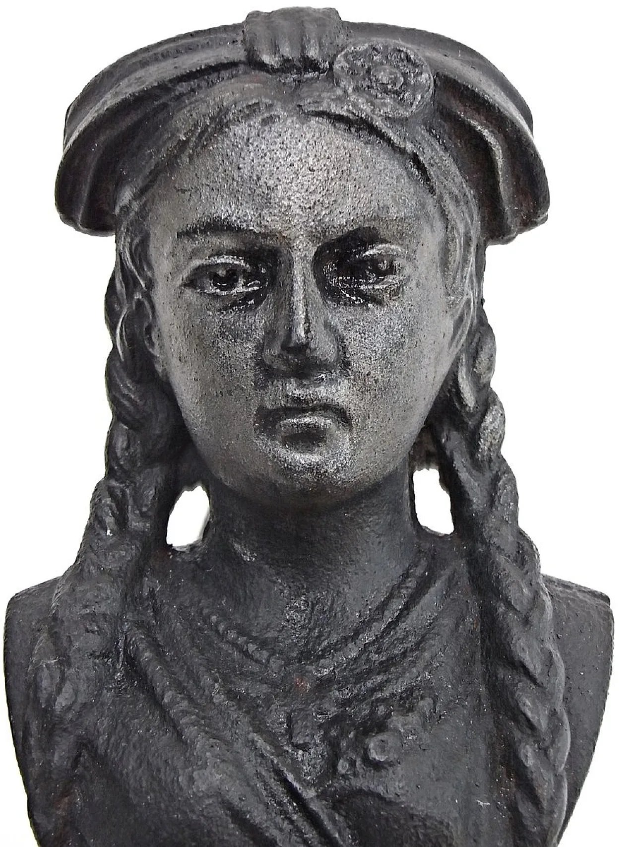 Coppia di Tridenti da camino con testa femminile in ghisa, anni '50 5