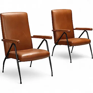 Coppia di poltrone in metallo laccato, schiuma e vinile, '900