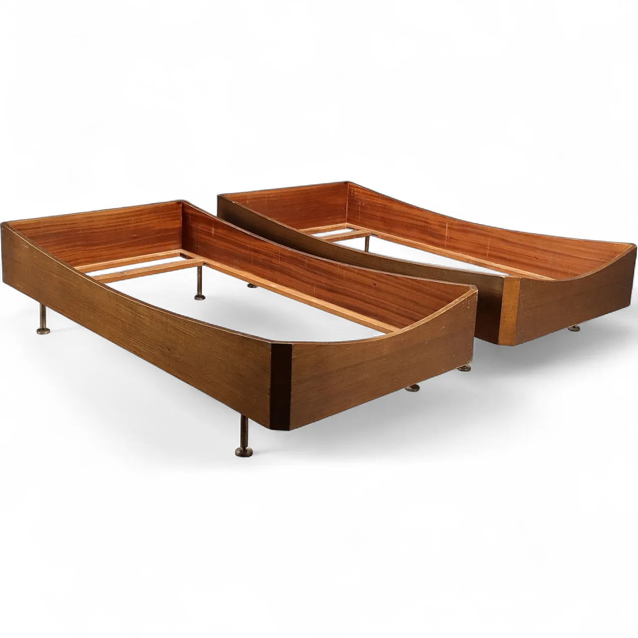 Coppia di letti in legno impiallacciato esotico e metallo cromato, 900 11