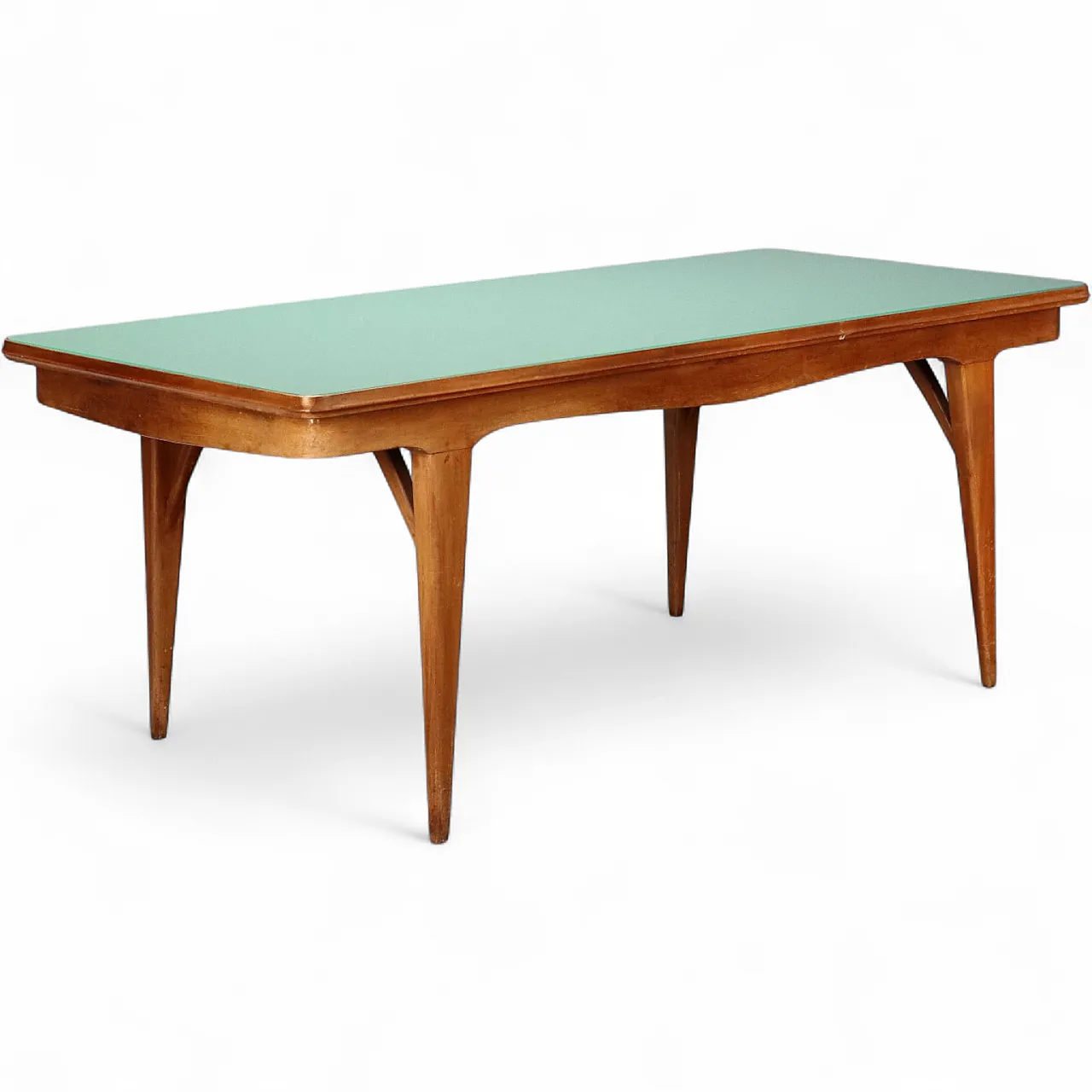 Tavolo in faggio tinto, piano in legno e piano in vetro, '900 10