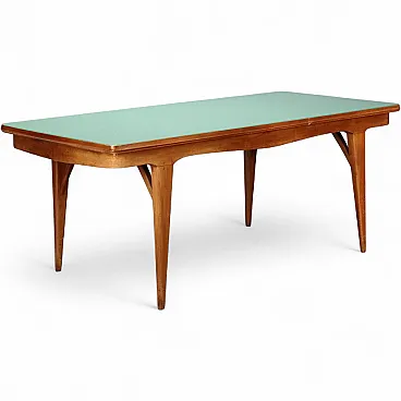 Tavolo in faggio tinto, piano in legno e piano in vetro, '900