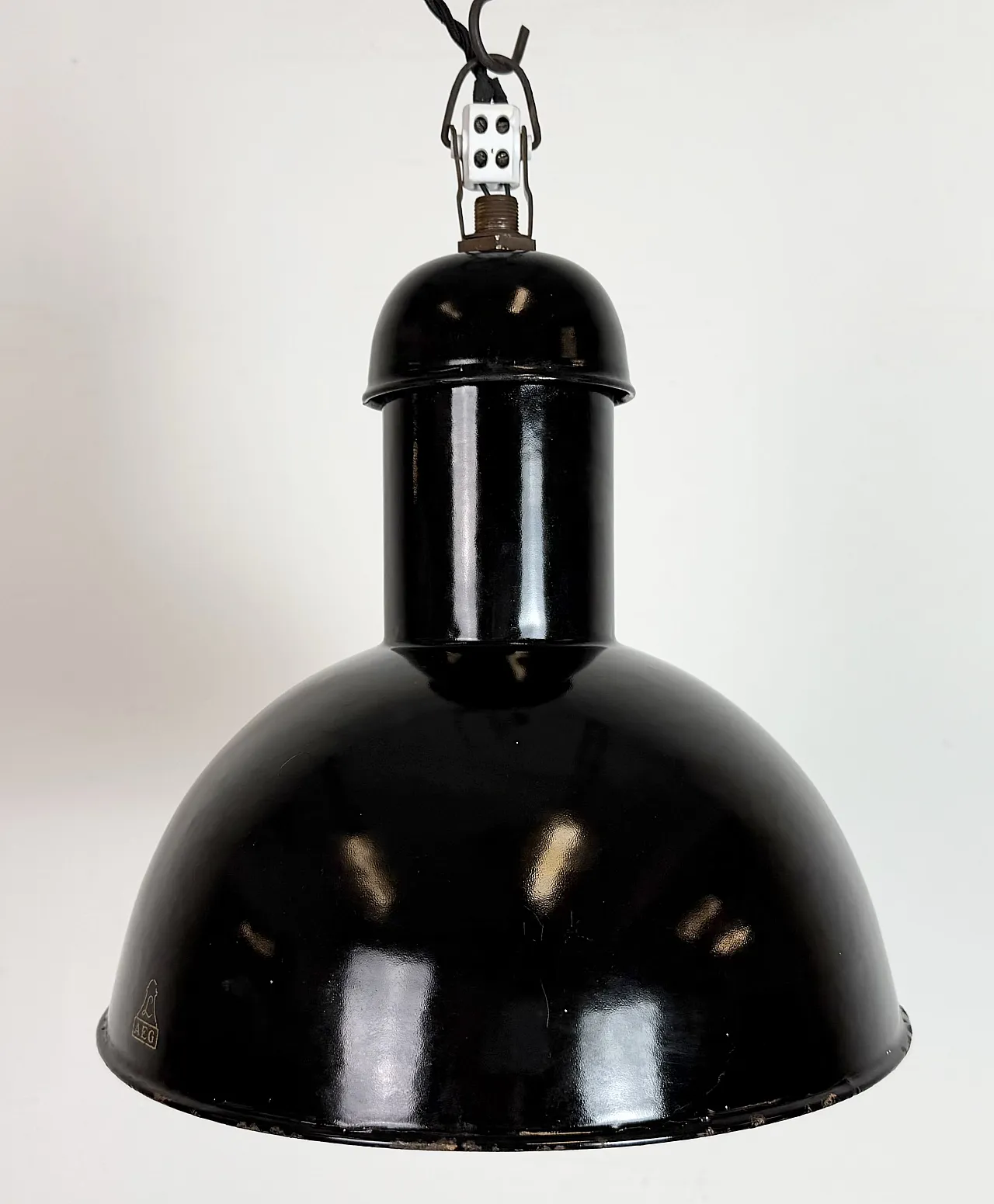 Black Enamel Industrial Pendant Lamp from AEG, 1930s 3