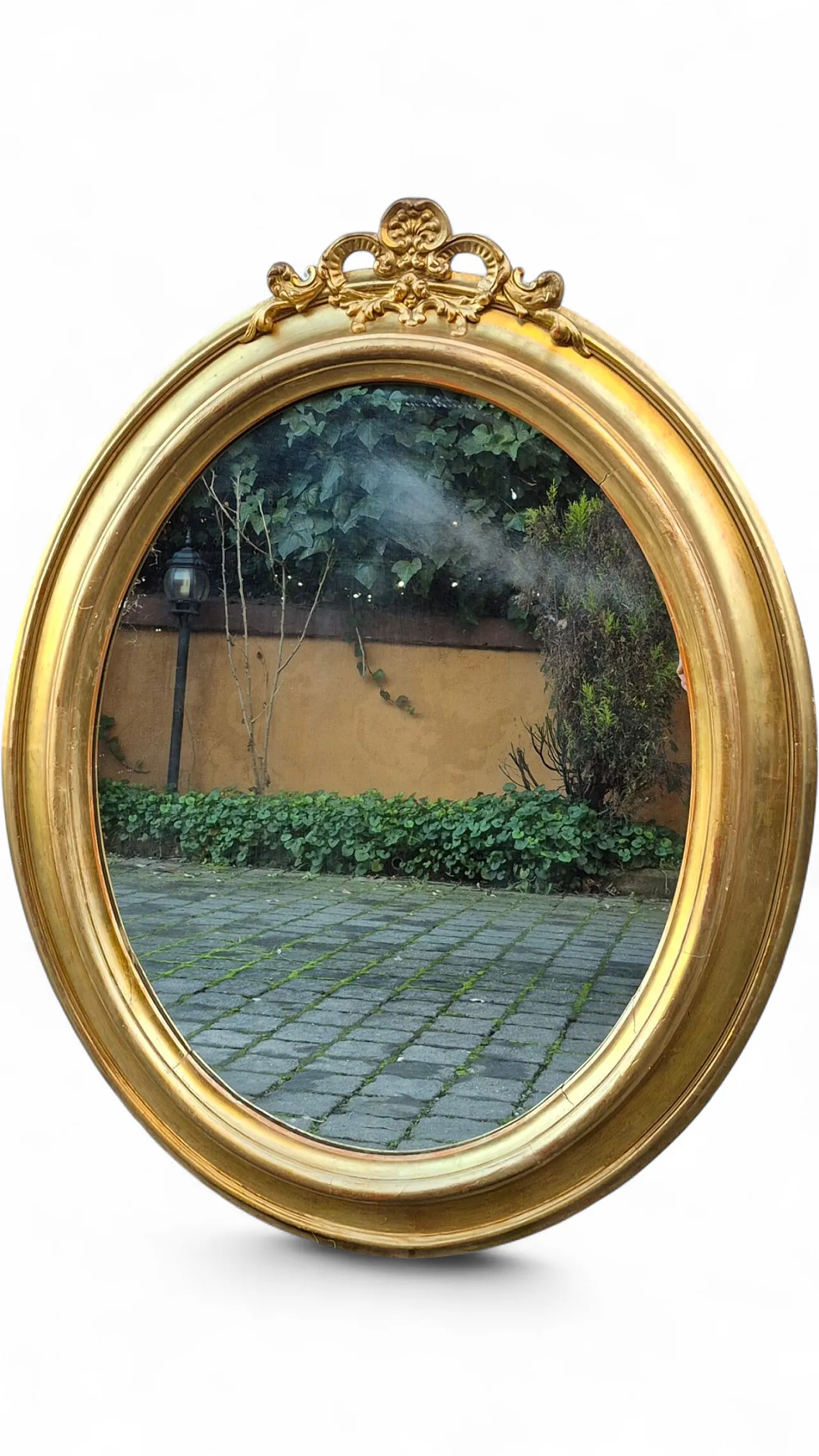 Specchiera ovale in legno dorato con cimasa, '800 9