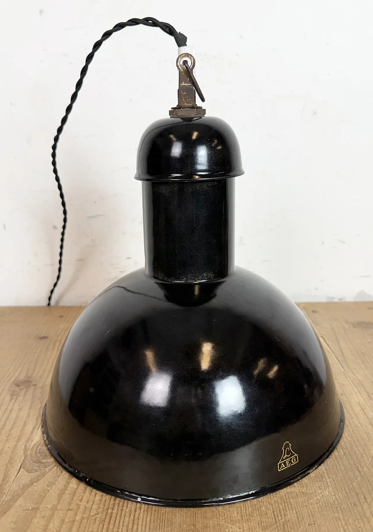 Black Enamel Industrial Pendant Lamp from AEG, 1930s 12