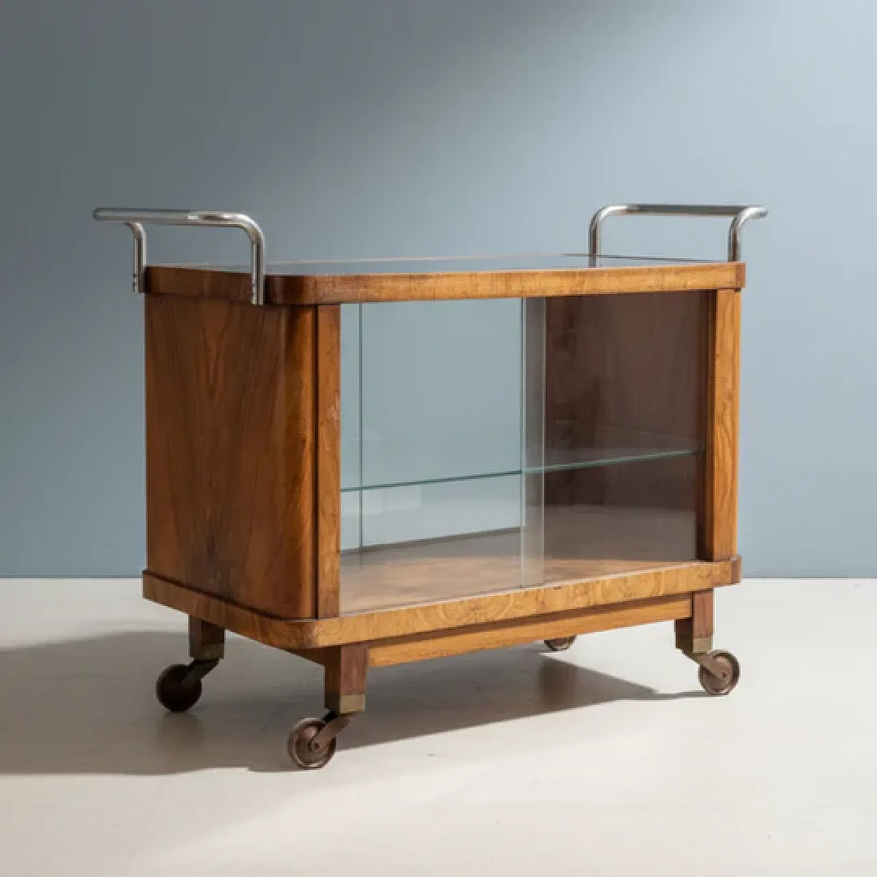 Carrello da portata Art Déco in noce cromato, anni '30 2