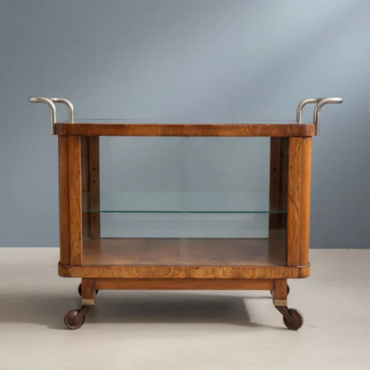 Carrello da portata Art Déco in noce cromato, anni '30 3