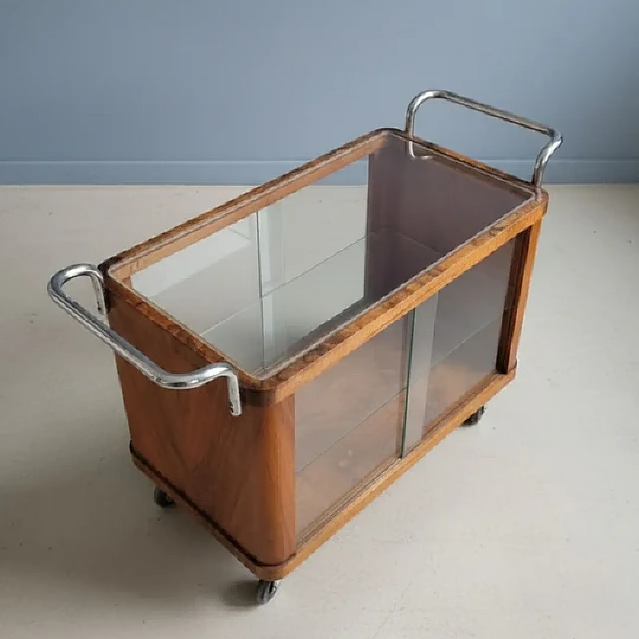 Carrello da portata Art Déco in noce cromato, anni '30 4