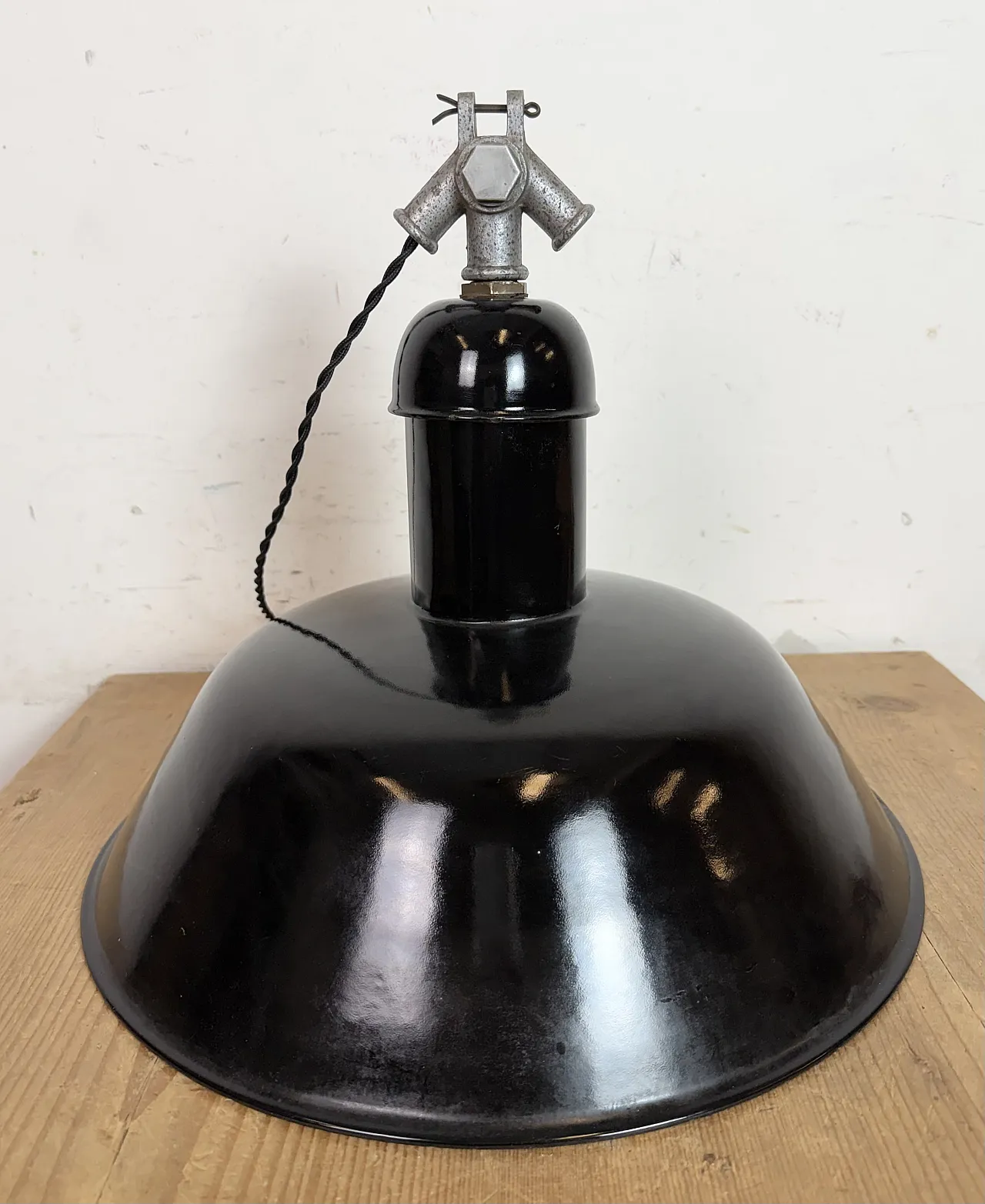 Black Enamel Industrial Pendant Lamp from AEG, 1930s 13