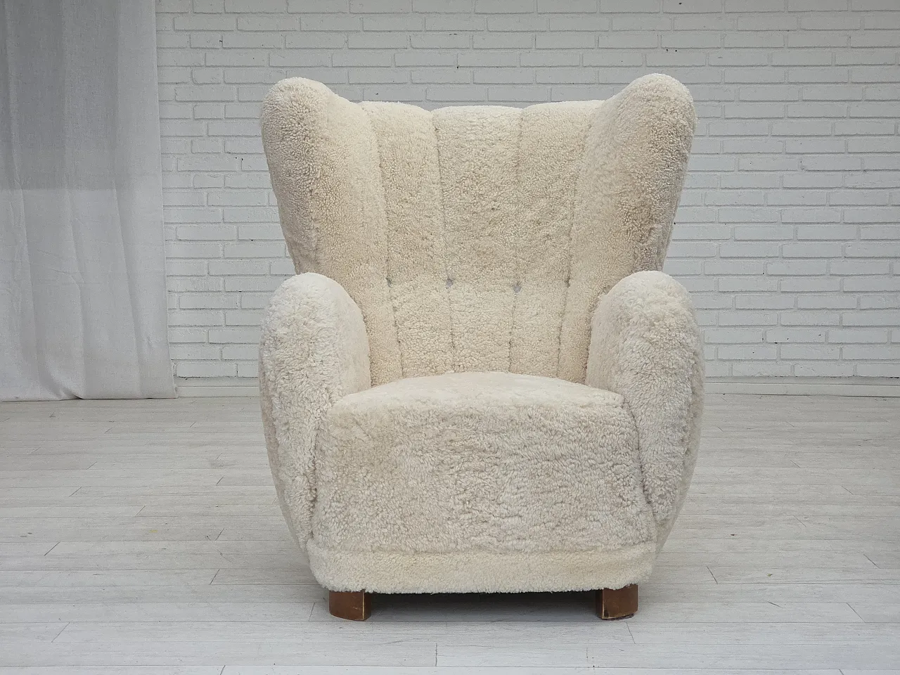 Danish design, reupholstered armchair, genuine sheepskin, 1960s 1
