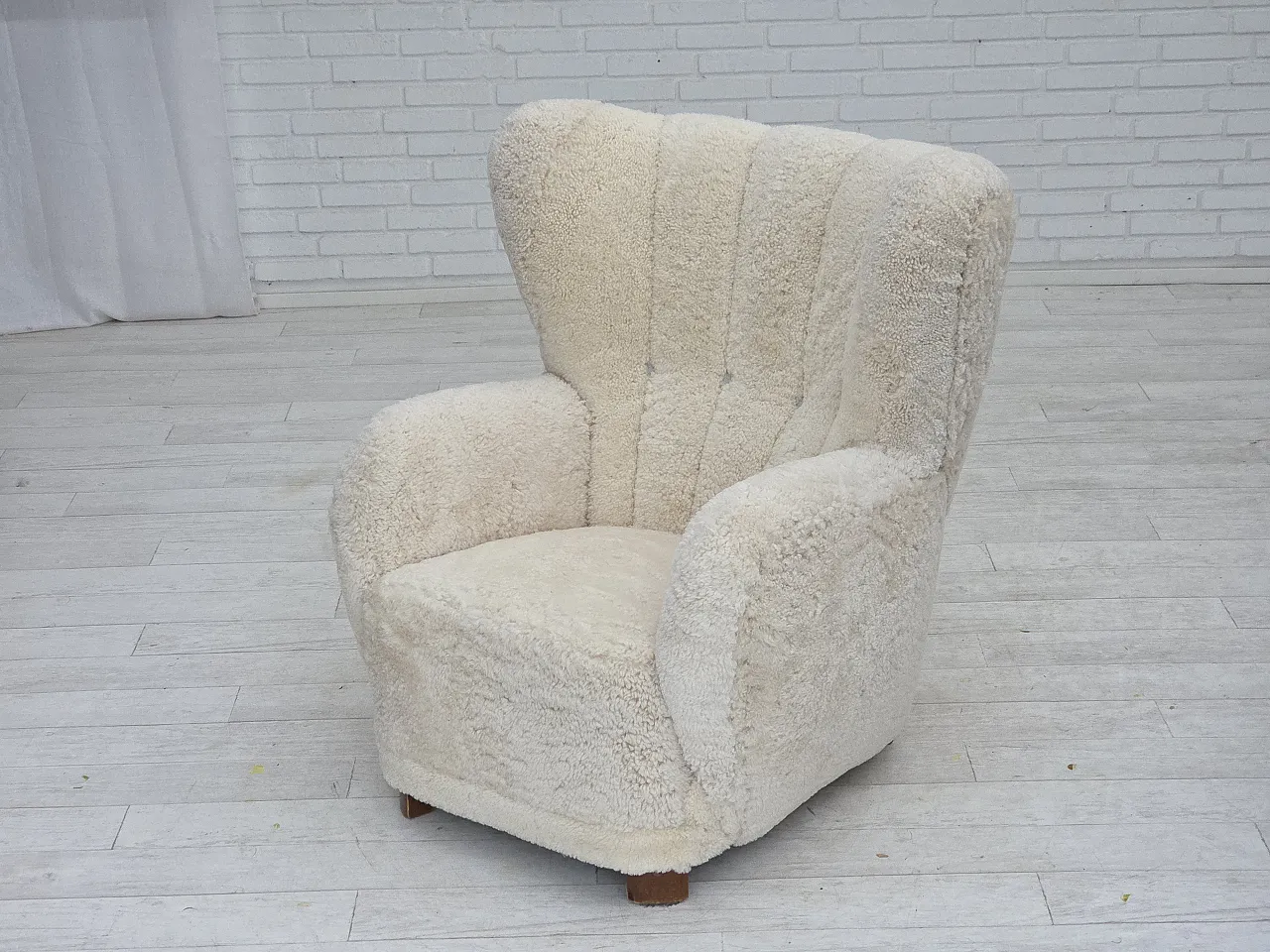 Danish design, reupholstered armchair, genuine sheepskin, 1960s 13