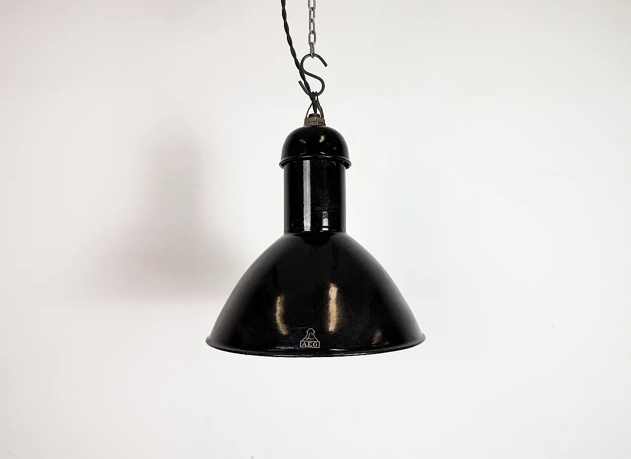 Black Enamel Industrial Pendant Lamp from AEG, 1930s 2