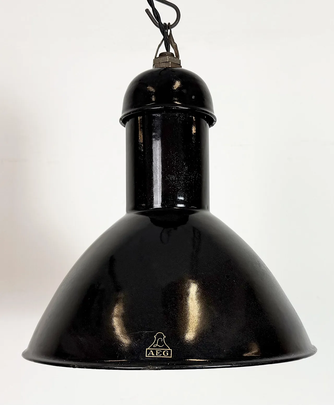 Black Enamel Industrial Pendant Lamp from AEG, 1930s 3