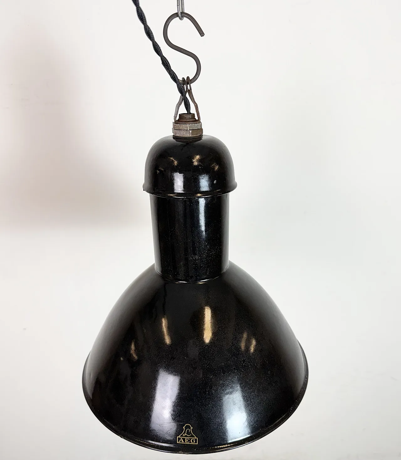 Black Enamel Industrial Pendant Lamp from AEG, 1930s 6