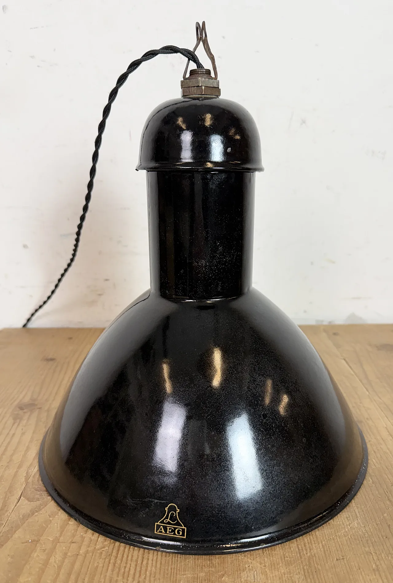 Black Enamel Industrial Pendant Lamp from AEG, 1930s 12