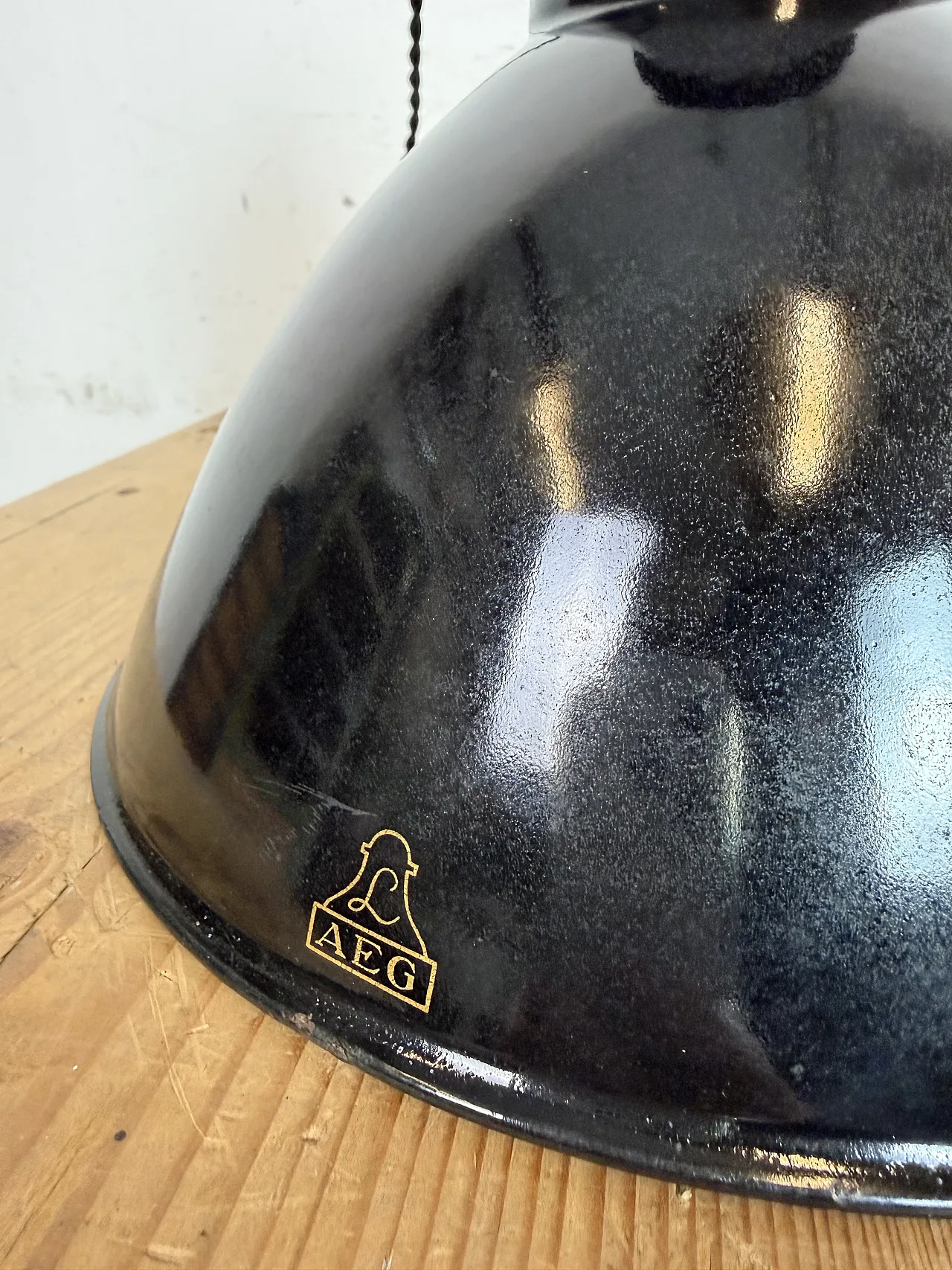 Black Enamel Industrial Pendant Lamp from AEG, 1930s 13