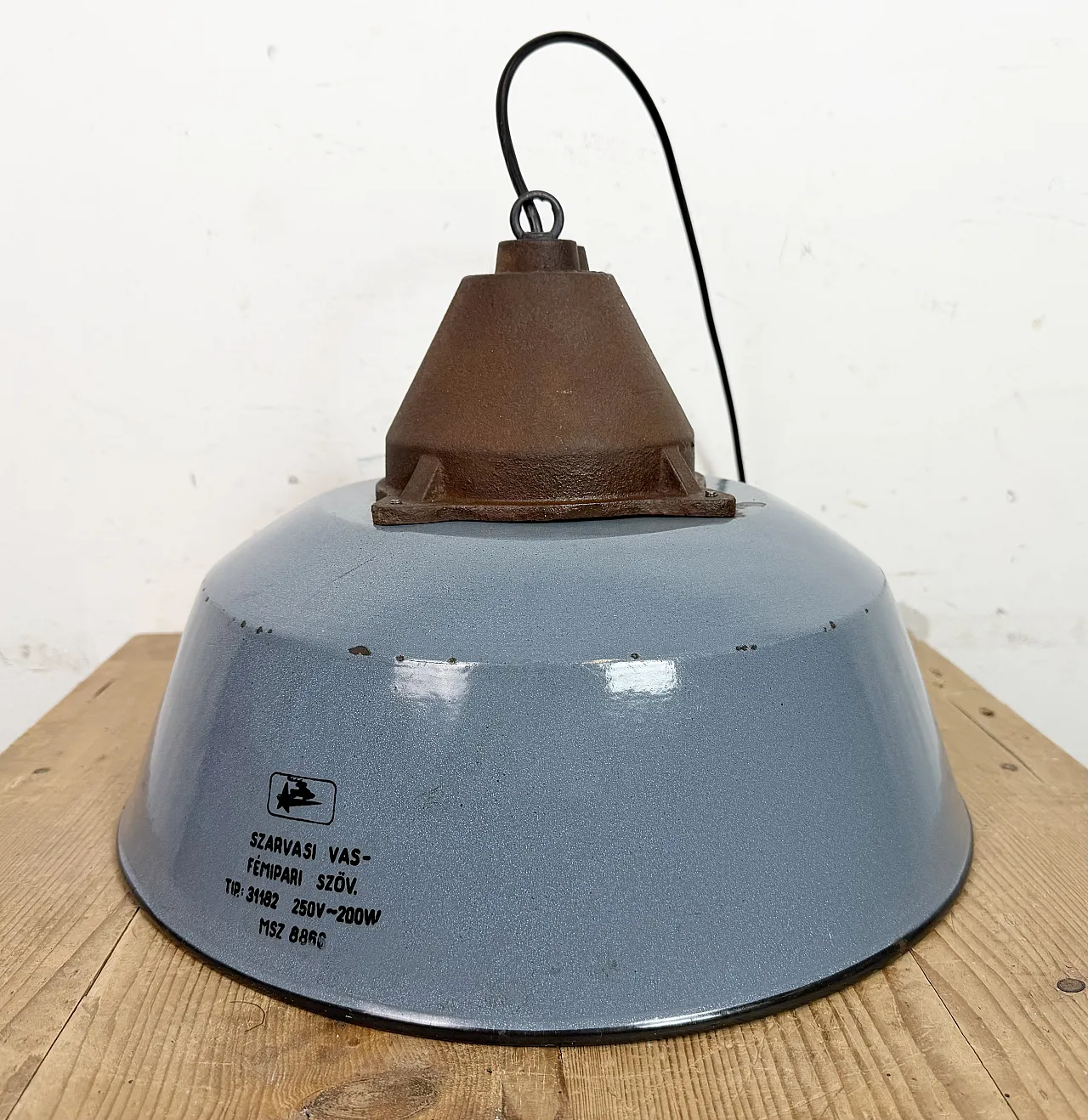 Industrial Grey Enamel and Cast Iron Pendant Light, 1960s 12
