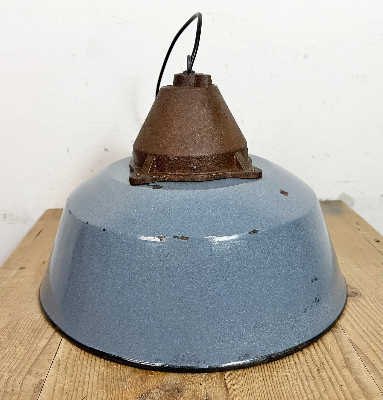 Industrial Grey Enamel and Cast Iron Pendant Light, 1960s 15