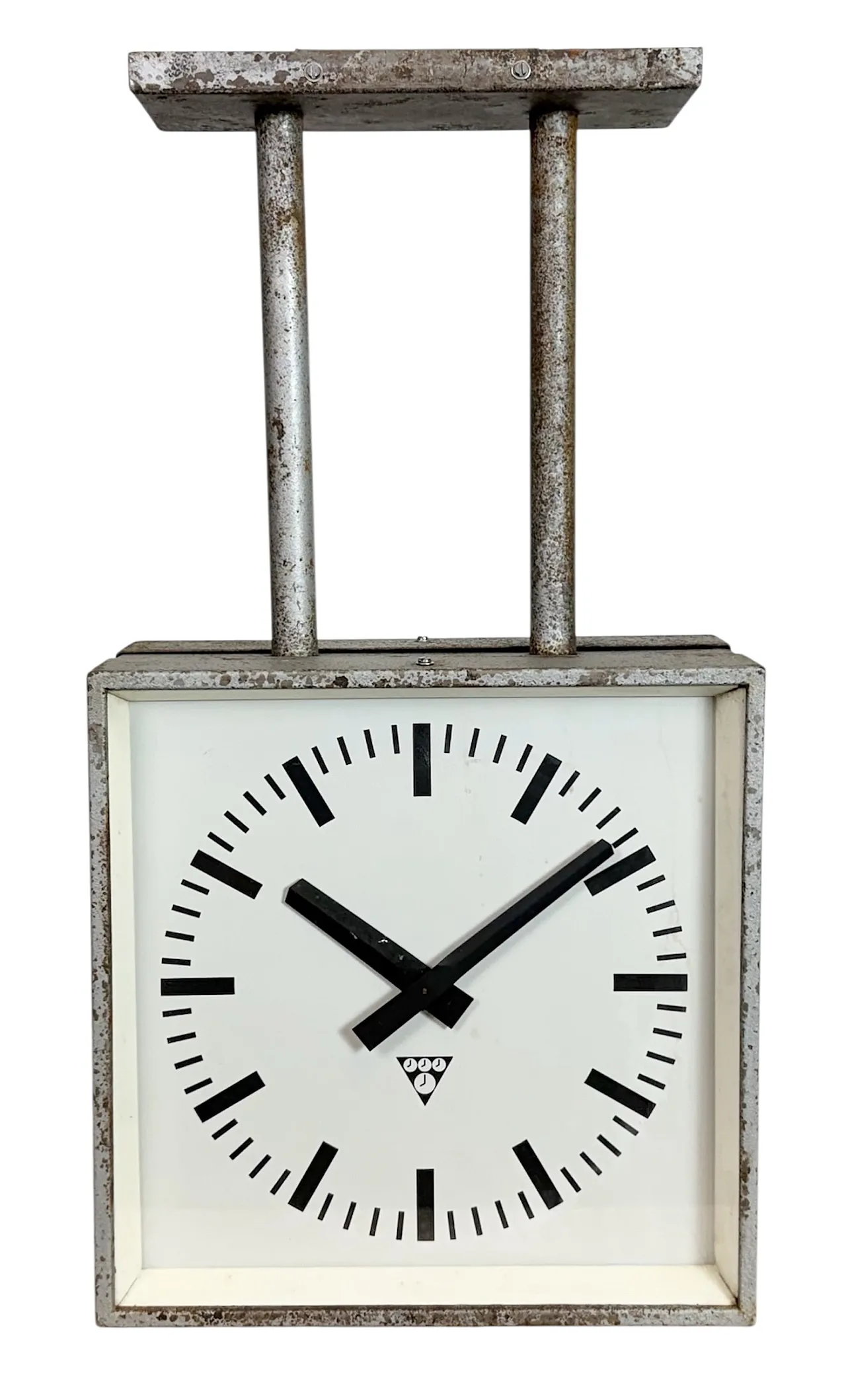 Square Double Sided Factory Ceiling Clock from Pragotron, 70s 1
