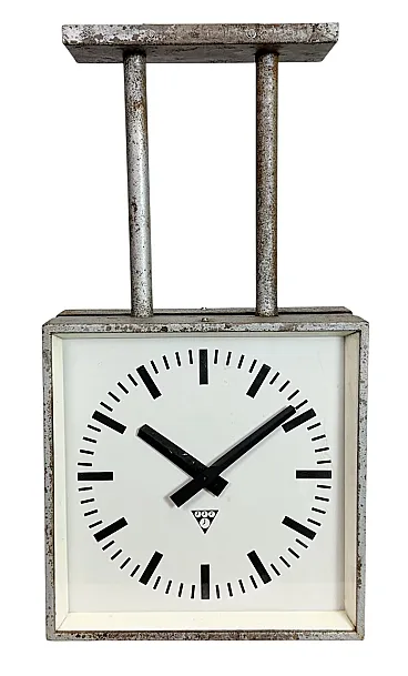 Square Double Sided Factory Ceiling Clock from Pragotron, 70s