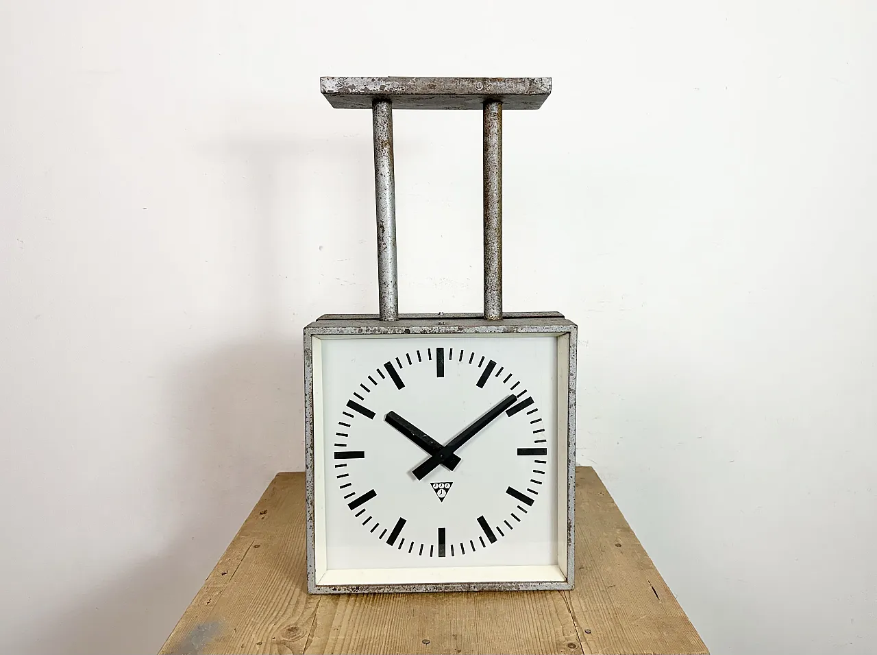 Square Double Sided Factory Ceiling Clock from Pragotron, 70s 2