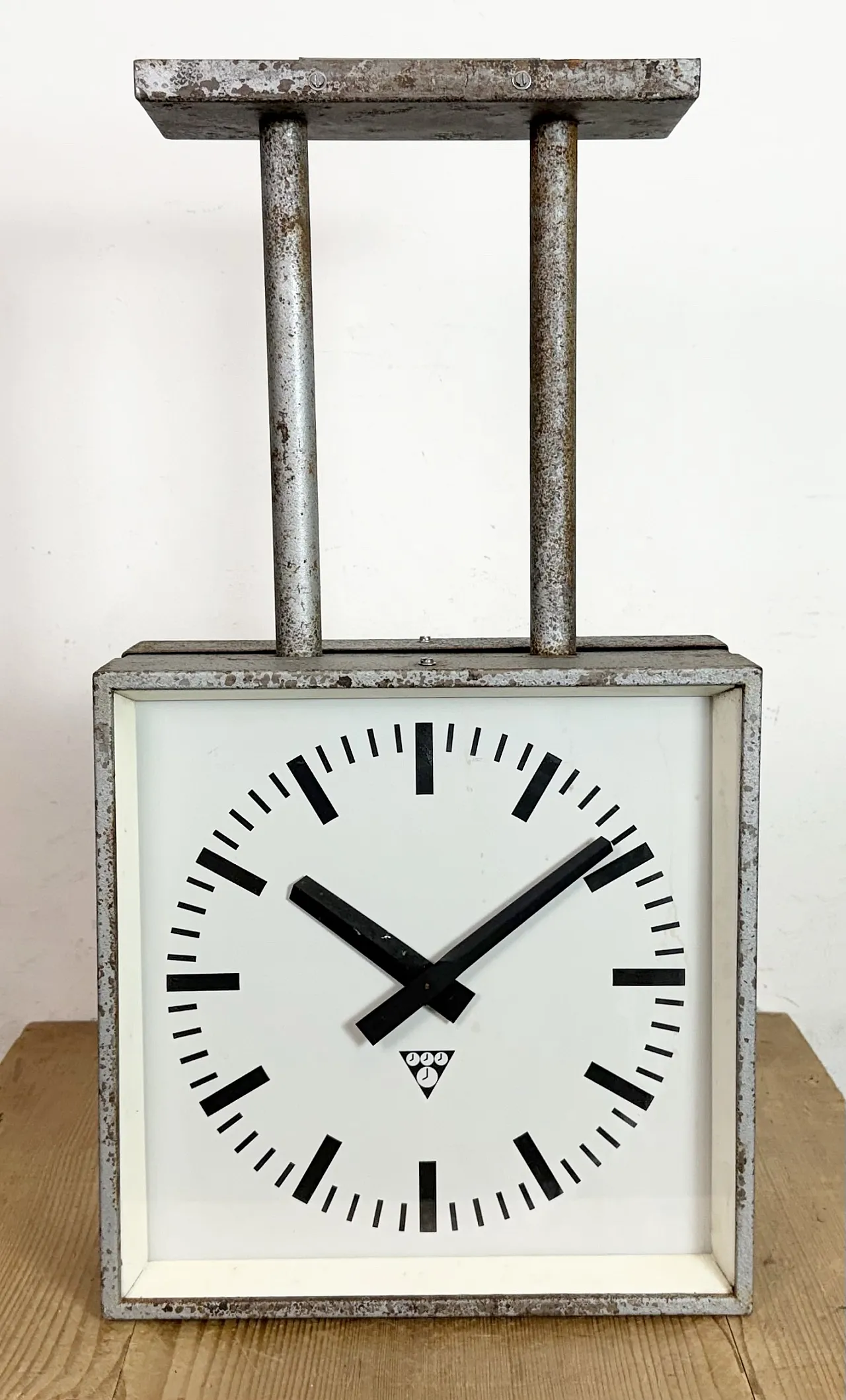 Square Double Sided Factory Ceiling Clock from Pragotron, 70s 3